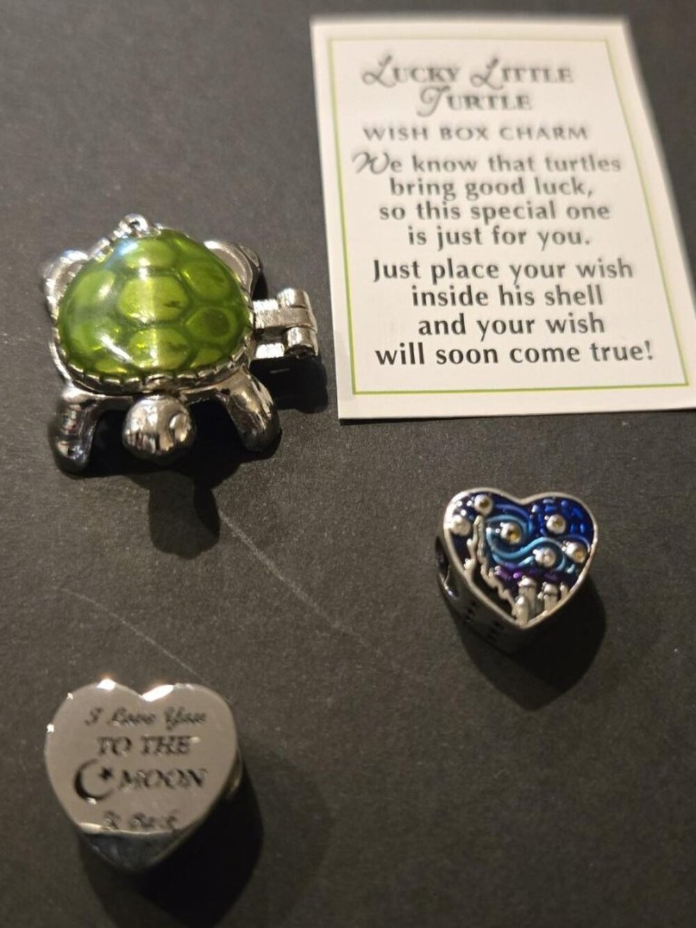3 Charms for Bracelets Turtle with Story Heart to the Moon and Back Starry Night